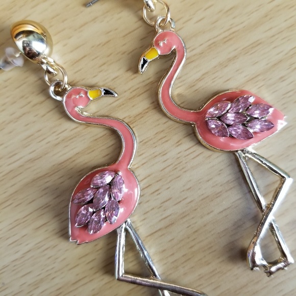 2 for $8 Pink Flamingo Rhinestone Gold Earrings - Picture 2 of 3